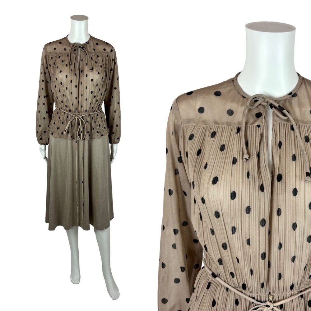 Vintage 80s Polka Dot Dress Women's Medium Black Tan Pleated Peplum Waist Sheath